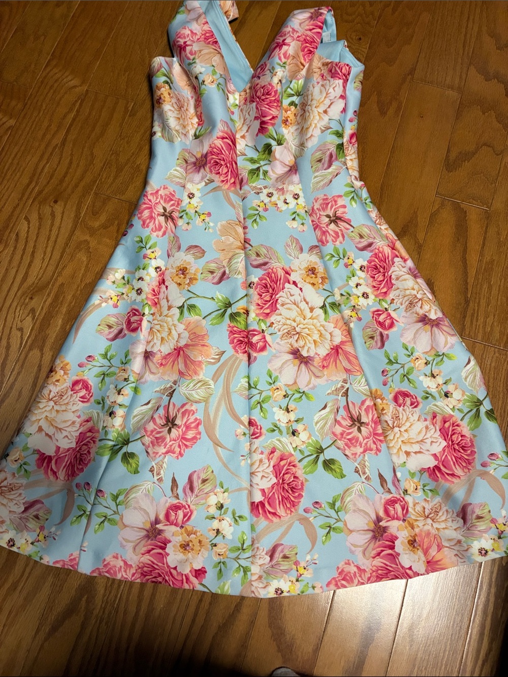 Floral Fit-and-Flare Dress in Light Blue and Pink